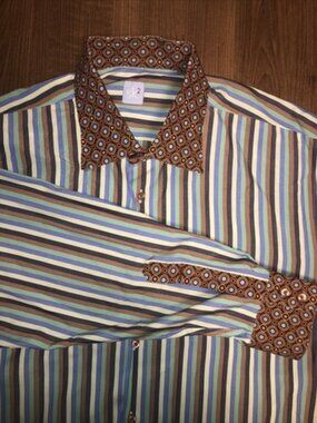 SK2 Men’s Colorful Striped Button Up Shirt Size 4 Cotton Blue Green Large